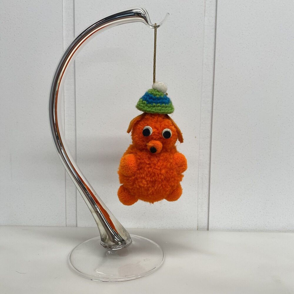Orange Pom Pom Dog Ornament Weirdo Vtg Knit Hat Christmas Holiday Handmade